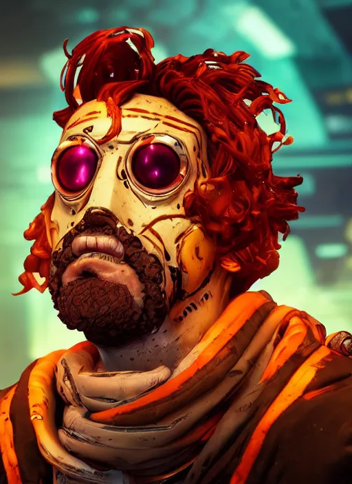 Image similar to glowwave portrait of curly orange hair man from borderlands 3, au naturel, hyper detailed, digital art, trending in artstation, cinematic lighting, studio quality, smooth render, unreal engine 5 rendered, octane rendered, art style by klimt and nixeu and ian sprigger and wlop and krenz cushart.