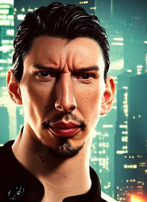 Prompt: adam driver as neo, matrix, city, lightning in the background