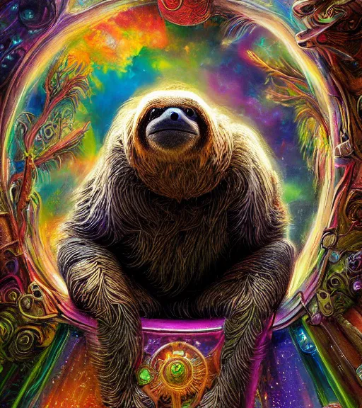 Image similar to portrait of a fantasycore glitchcore three toed sloth in a helmet. intricate abstract. intricate artwork. celestial. prismatic, by josephine wall, pixar, ghibli. octane render, CGSociety very coherent symmetrical artwork. cinematic, hyper realism, high detail, octane render, 8k, holographic accents