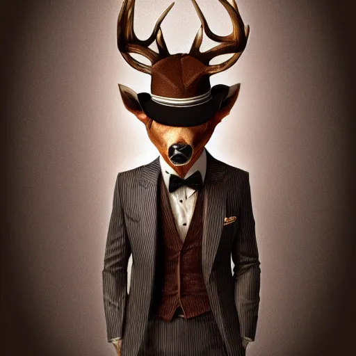 Image similar to a upper body portrait of a deer lord in a pinstriped suit and pants wearing a fedora with the antlers sticking out of the fedora by artgerm and wlop, intricate detail, digital art, photorealistic, trending on artstation