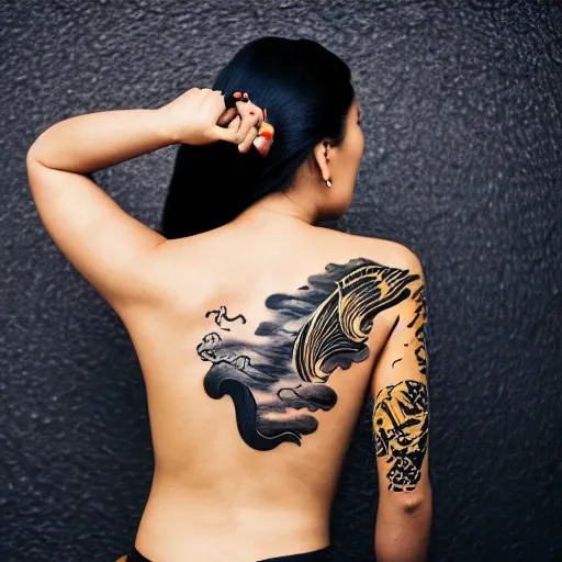 Prompt: photography of the back of a woman with a black detailed irezumi tatto representing a gold tiger with flowers, mid-shot, dark background, editorial photography