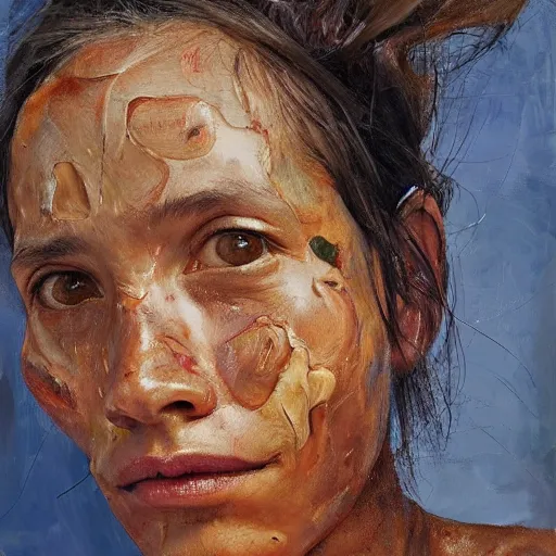 Prompt: high quality high detail painting by jenny saville, hd, a skinny beautiful indigenous woman tribe leader, hair in wind, photorealistic lighting