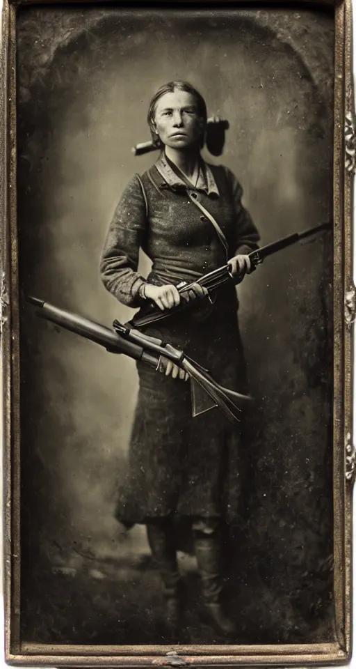 Image similar to a highly detailed wet plate photograph, a portrait of a female hunter holding a rifle