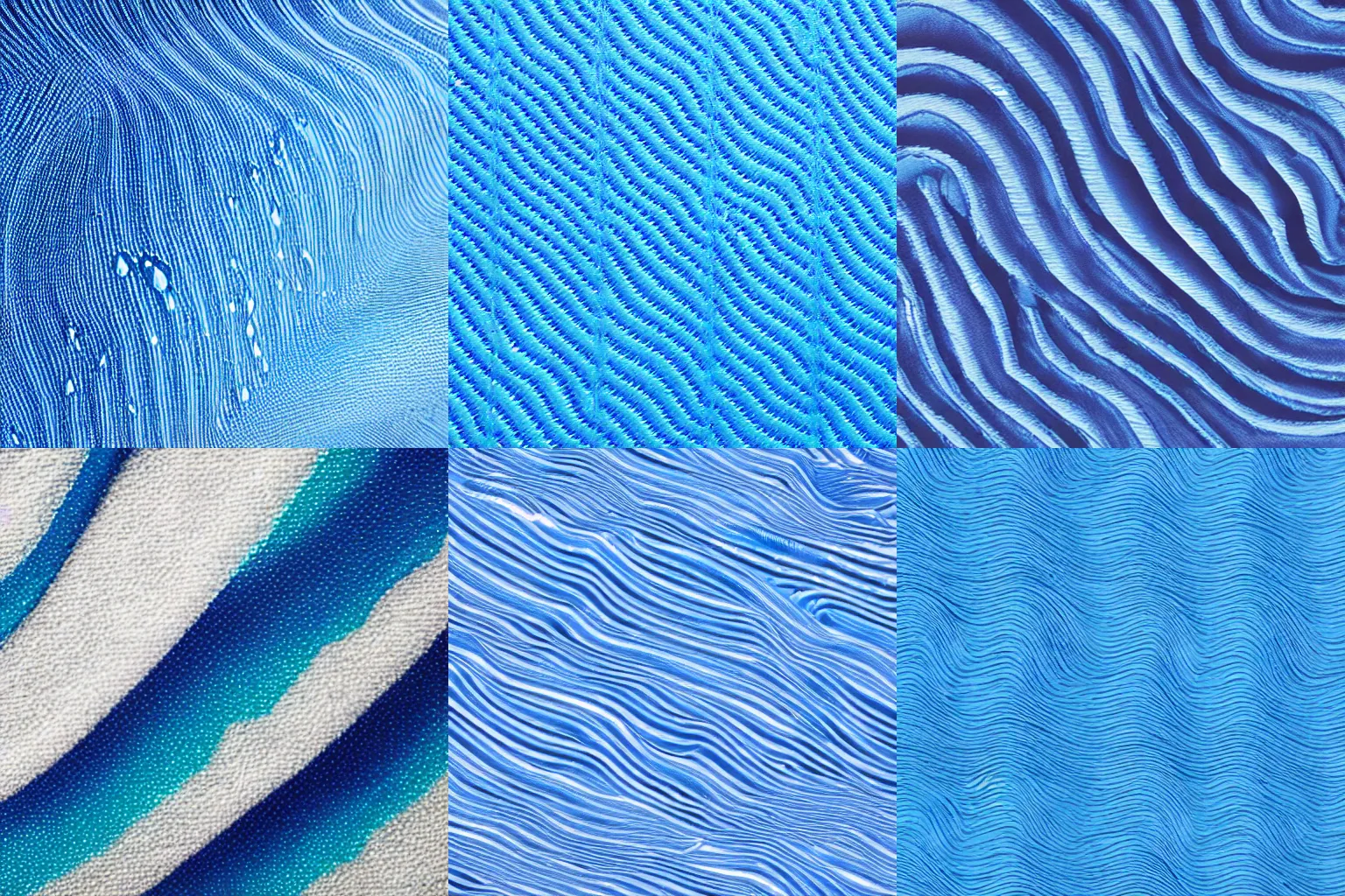 Prompt: a wavy blue fabric is turning into a stream of water droplets