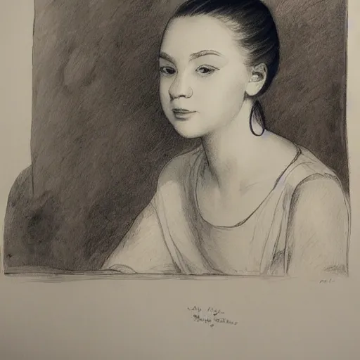 Image similar to ink drawing what portrait of a lady 1 8 years old, with lunch