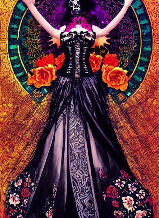 Prompt: cute punk goth fashion fractal Día de los Muertos girl posing by Zhang Jingna, poster art by Dan Mumford Kilian Eng Hannah Jeffrey Smith Rick Griffin Alphonse Mucha