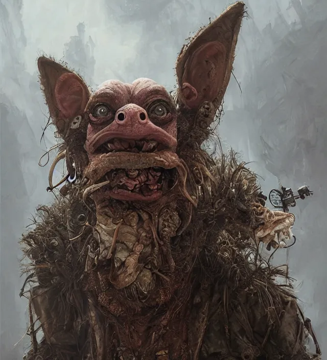 Image similar to hyper realistic portrait of postapocalyptic muppet show monster goblin, cinematic, symmetric, dark crystal, artstation, cgsociety, alan lee, jean baptiste monge, scott radke