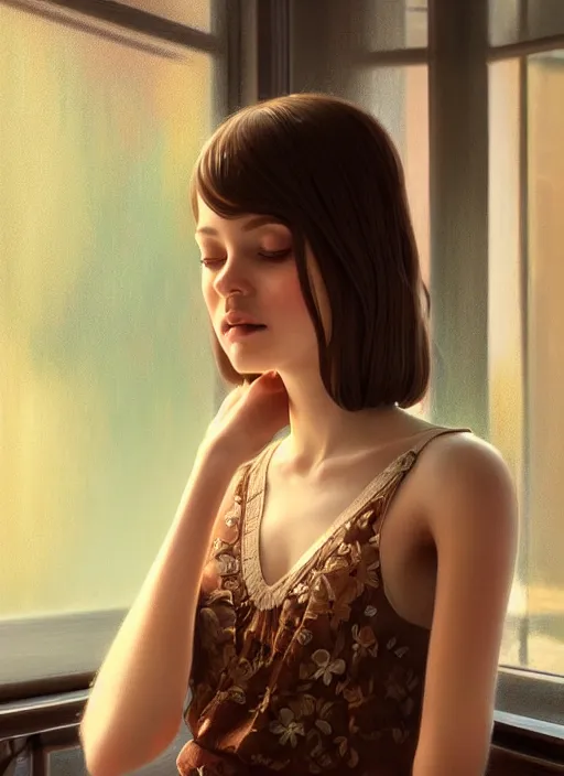 Prompt: a beautiful brown - haired girl with a summer dress in restaurant, intricate, elegant, highly detailed, digital painting, artstation, concept art, smooth, sharp focus, illustration, ethereal, misty, by ilya kuvshinov and jeremy mann, 8 k, octane render