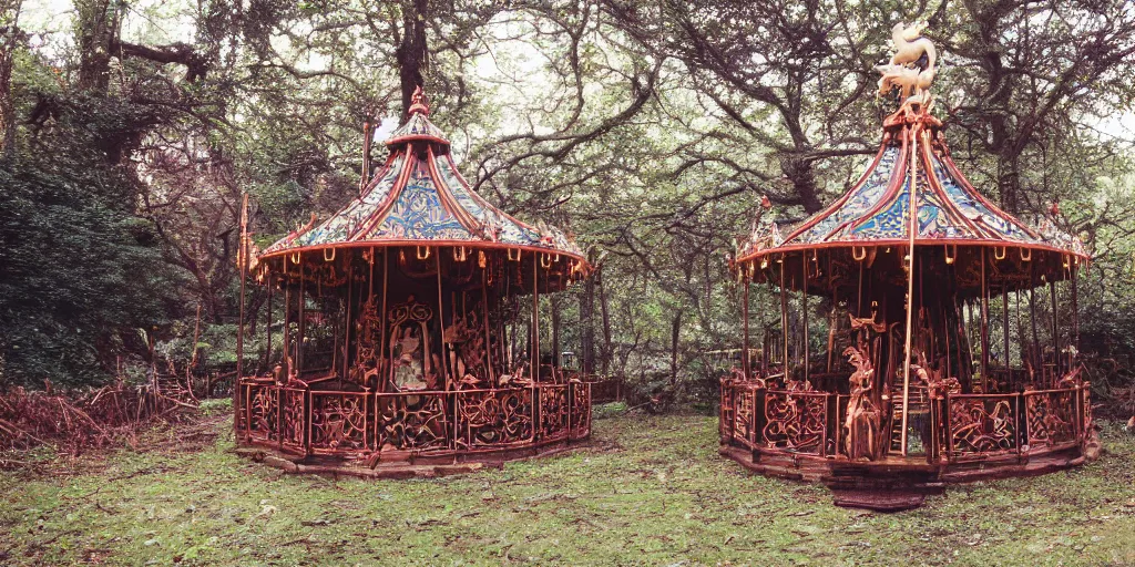 Prompt: an abandoned secret carousel with elaborately intricate carved wooden figures of animals, pine treehouse, astral projection, discovered in a secret garden, hedgemaze, photo taken on fujifilm superia film, 3 5 mm