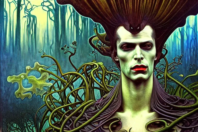 Image similar to realistic extremely detailed portrait painting of an elegantly creepy vampire man in a cape, futuristic sci-fi forest on background by Jean Delville, Amano, Yves Tanguy, Alphonse Mucha, Ernst Haeckel, Edward Robert Hughes, Roger Dean, rich moody colours, blue eyes