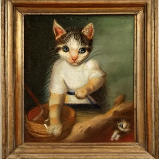 Image similar to an eighteenth century highly detailed oil painting of a kitten wearing a chef's outfit