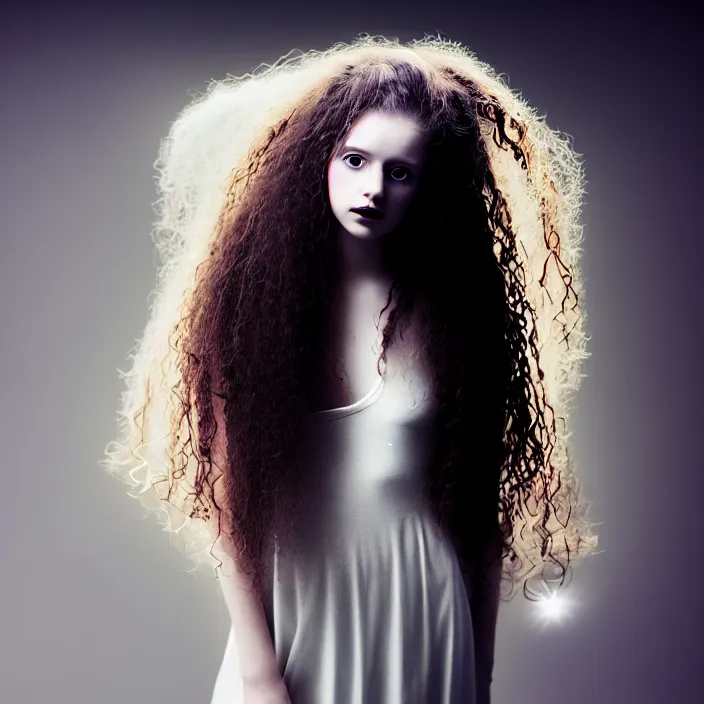 Image similar to simulated photography of a young woman with long curly hair, dressed in long white, light painting in style of Paolo Roversi, professional studio lighting, dark background, hyper realistic photography, fashion magazine style
