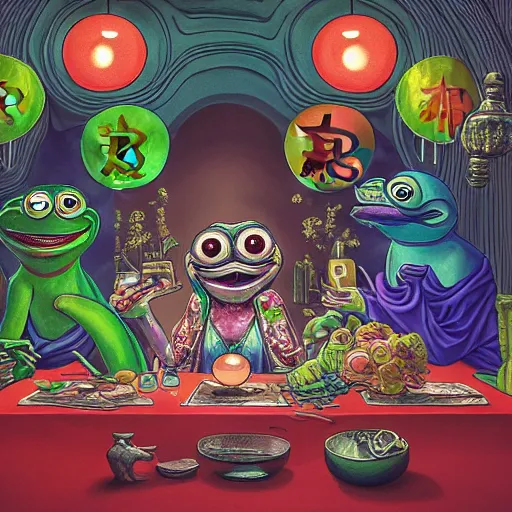 Prompt: plasticine wet shiny angles, crystal, moonlit, mirrors, camera angled dramatically, realistic hyperdetailed design of pepe the frog eating last supper, eating bitcoin ferociously, chinese mythology, victo nga, fumo yoshitoshi, ren jing jeong, feifei ruan, peter mohrbacher, takato yamamoto