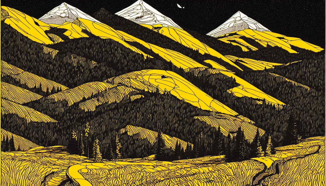 Image similar to mountain trail by dan mumford and peter doig and edward hopper, symmetrical, minimal, black ink, thick lines highly detailed, muted colours 8 k