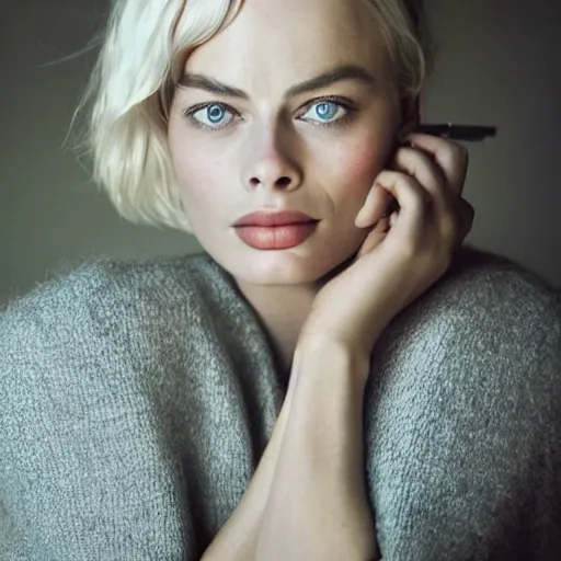 Prompt: photo of margot robbie, full platinum blond, no eyebrows, pale skin, freckle, by cig harvey, realistic, high detail, high quality, trending on pinteresst