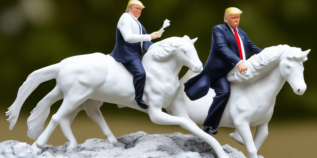 Prompt: Donald Trump riding a white horse, wide lens, diorama, 4k,