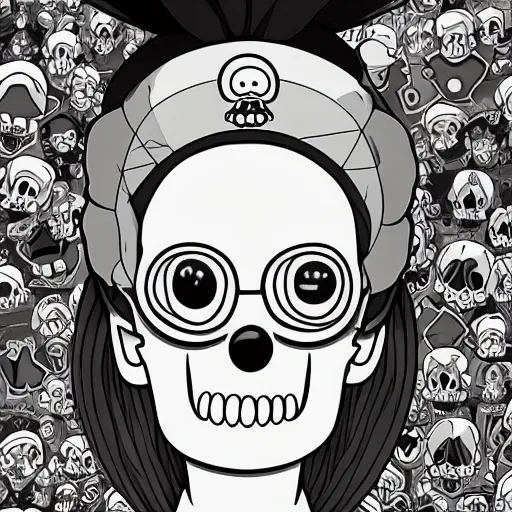 Image similar to anime manga skull portrait girl face marge simpson the Simpsons groening detailed highres 4k Mucha and James Jean pop art nouveau