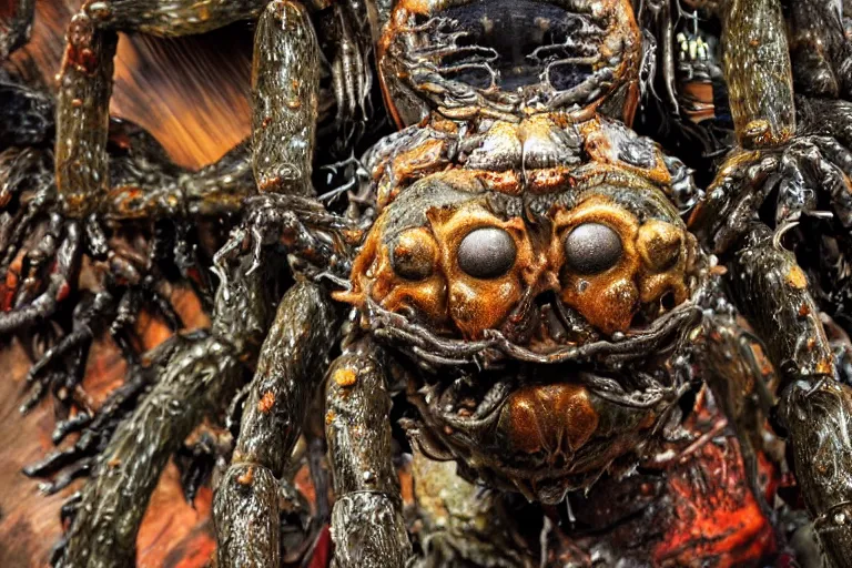 Prompt: photo taken of an epic intricate, ultra detailed, super realistic gritty, hero prop, exquisitely painted animatronic movie prop of a wet slimy grotesque nightmarish hellish mutant arachnoid creature displayed in the workshop, created by weta workshop, full body shot, photorealistic, sharp focus