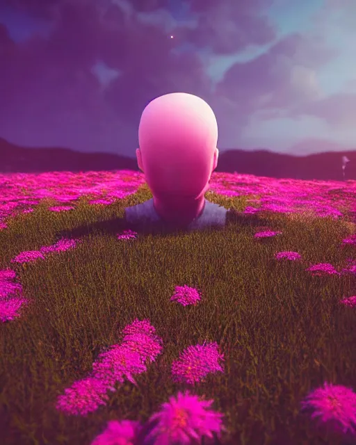 Image similar to beautiful happy landscape, anonymous head, beautiful flowers growing, in the style of beeple and mike winkelmann, intricate, epic lighting, cinematic composition, hyper realistic, 8 k resolution, unreal engine 5, raytracing, reflections, ultraviolet colors