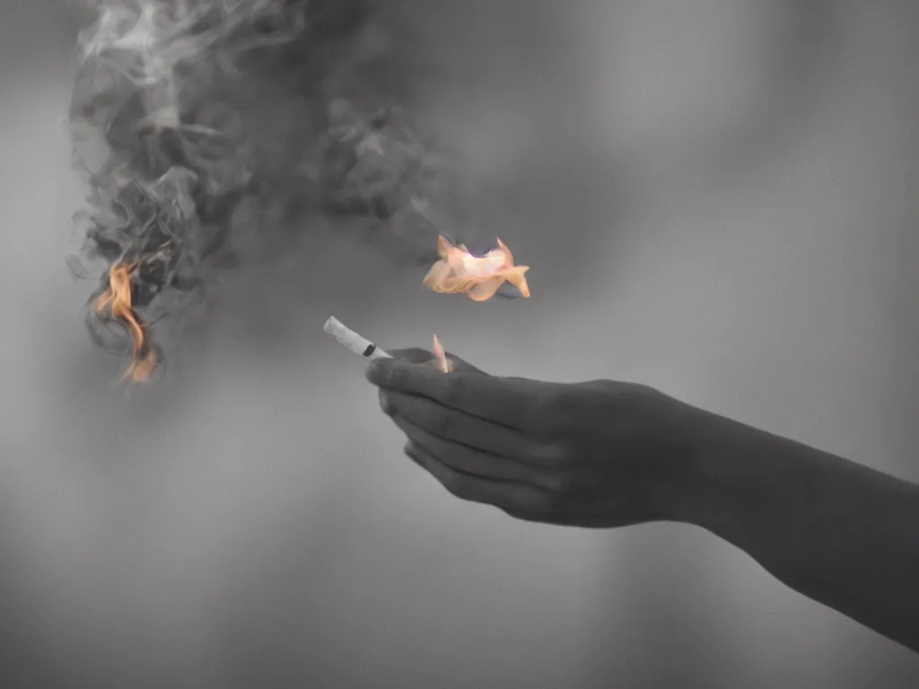 Prompt: Close-up view of hyperrealistic thin soft hand holding cigarette with smoke, hyper realistic photo, 4K