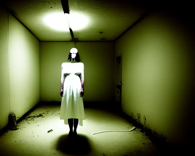 Image similar to creepy woman wearing white dress standing in the backrooms, psychological horror, the eerie forlorn atmosphere of a place that's usually bustling with people but is now abandoned and quiet, buzzing fluorescent lights above the ceiling, unsettling images, liminal space, dark