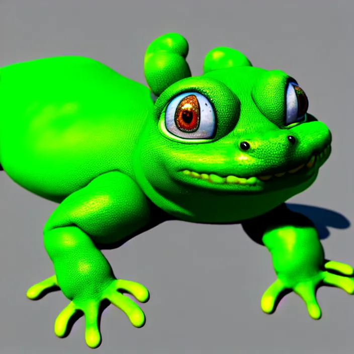 Image similar to a fat anthropomorphic male green gecko fursona with big eyes waddling across vrchat, cute, 3 d, octane render, furry