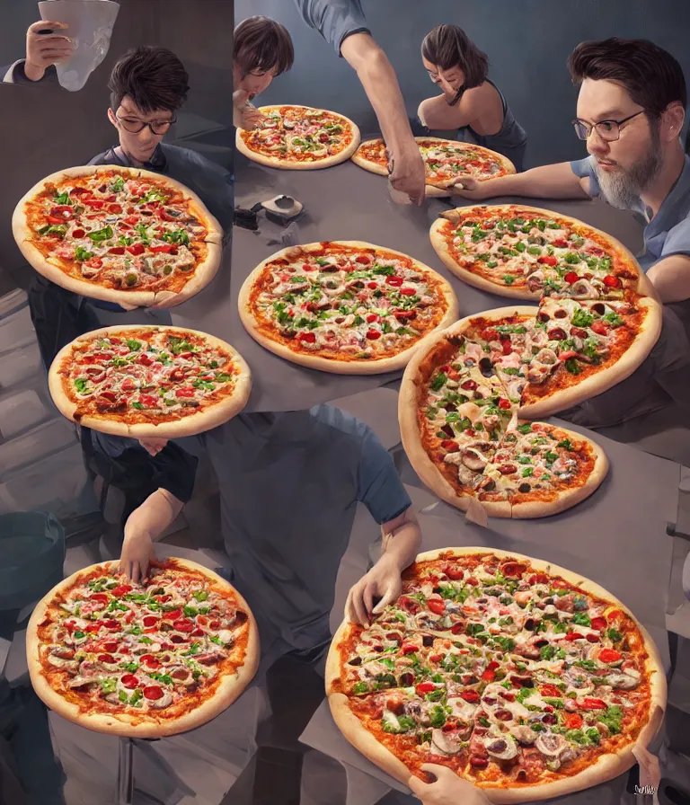 Image similar to a beautiful hyperrealistic detailed 3D render of people made of pizza, by Anton Otto Fischer, Atey Ghailan, genzoman, unreal engine, octane render, gigantic, 3D, brilliantly coloured, intricate, ultra wide angle, trending on artstation, embers, smoke, dust, dusk, volumetric lighting, HDR, polished, micro details, ray tracing, 8k,