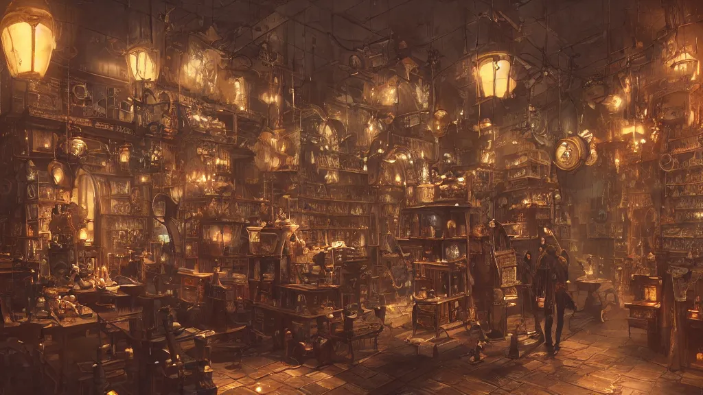 Image similar to A highly detailed image of a steampunk store, by Danar Worya, by Greg Rutkowski, by artgerm, by beeple, volumetric lighting, 4k resolution, octane render, trending on artstation