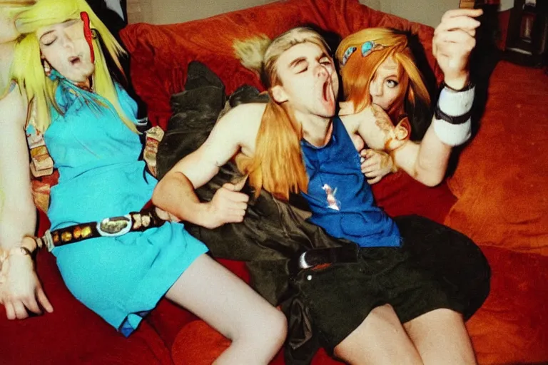Image similar to a funny unexpected photo made with a disposable camera of Link and Zelda totally wasted in my livingroom, in color
