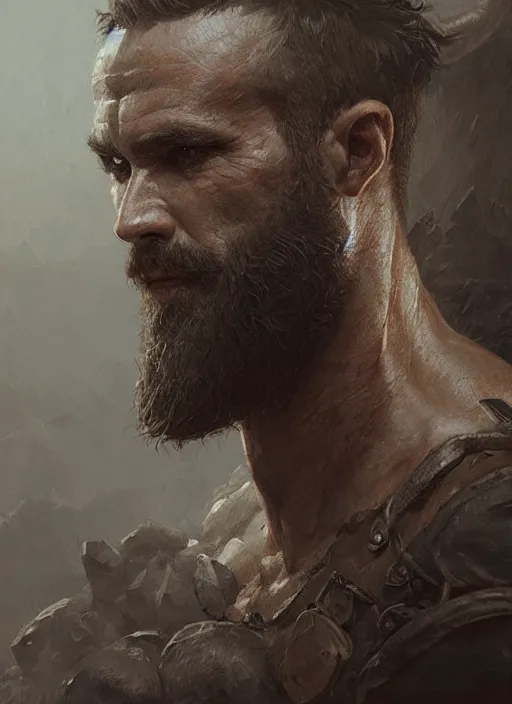 Image similar to portrait of a rugged ranger, muscular, upper body, hairy torso, D&D, fantasy, intricate, elegant, highly detailed, digital painting, artstation, concept art, smooth, sharp focus, illustration, art by greg rutkowski