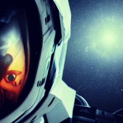 Image similar to beautiful portrait of a mecha astronaut alone on event horizon flying in void space with spaceship destroyed, octane render, trending on artstation, hyperrealistic, character photography