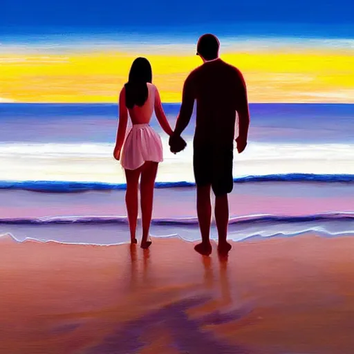 Prompt: Sunset at the beach, golden hour, majestic painting, couple sitting facing the sunset, holding hands