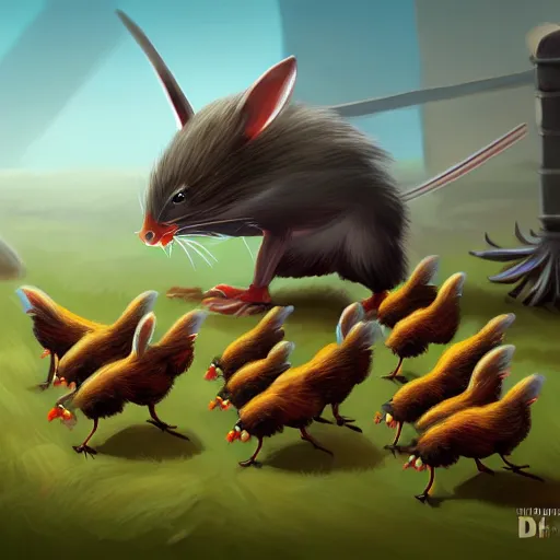 Prompt: army of tiny chickens vs 1 giant ninja rat, digital painting, artstation, hd, 4 k