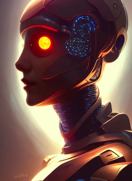 Image similar to profile! portrait of robot, sci - fi, tech wear, glowing lights!! intricate, elegant, highly detailed, digital painting, artstation, concept art, smooth, sharp focus, illustration, art by artgerm and greg rutkowski and alphonse mucha