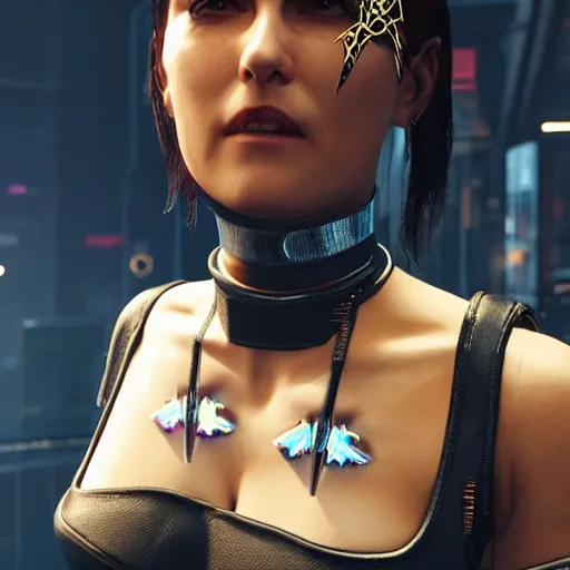 Image similar to female V from Cyberpunk 2077 wearing spiked black choker, steel collar, steel choker, punk, steel collar, 4K, realistic, spiked collar, art, beautiful, hd