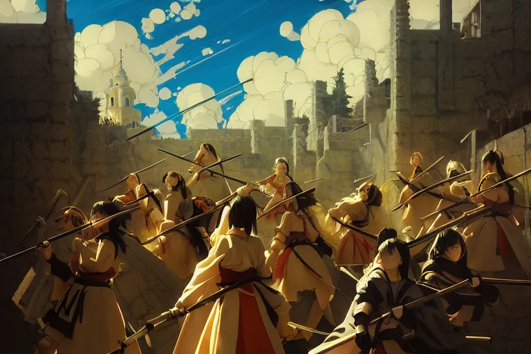 Image similar to baroque oil painting of key visual environment concept art of anime maids fighting a crusade in jerusalem, brutalist, dark fantasy, rule of thirds golden ratio, fake detail, trending pixiv fanbox, acrylic palette knife, style of makoto shinkai studio ghibli genshin impact jamie wyeth james gilleard greg rutkowski chiho aoshima