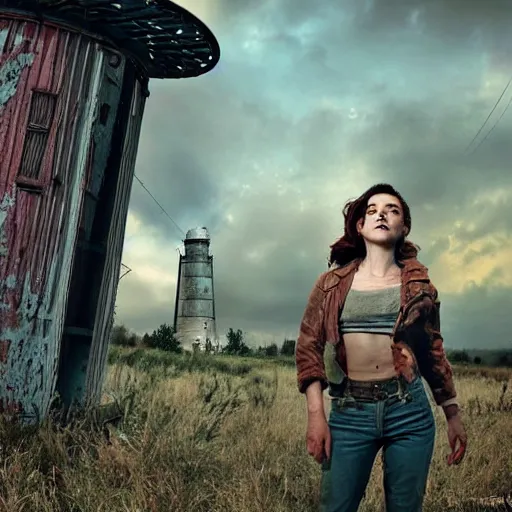 Image similar to fallout 5, charismatic beautiful rugged brunette female protagonist, portrait, outdoors abandoned farmhouse with decrepit water tower, atmospheric lighting, painted, intricate, volumetric lighting, beautiful, daytime, sunny weather, slight overcast, golden hour, sharp focus, deep colours, ultra detailed, by leesha hannigan, ross tran, thierry doizon, kai carpenter, ignacio fernandez rios