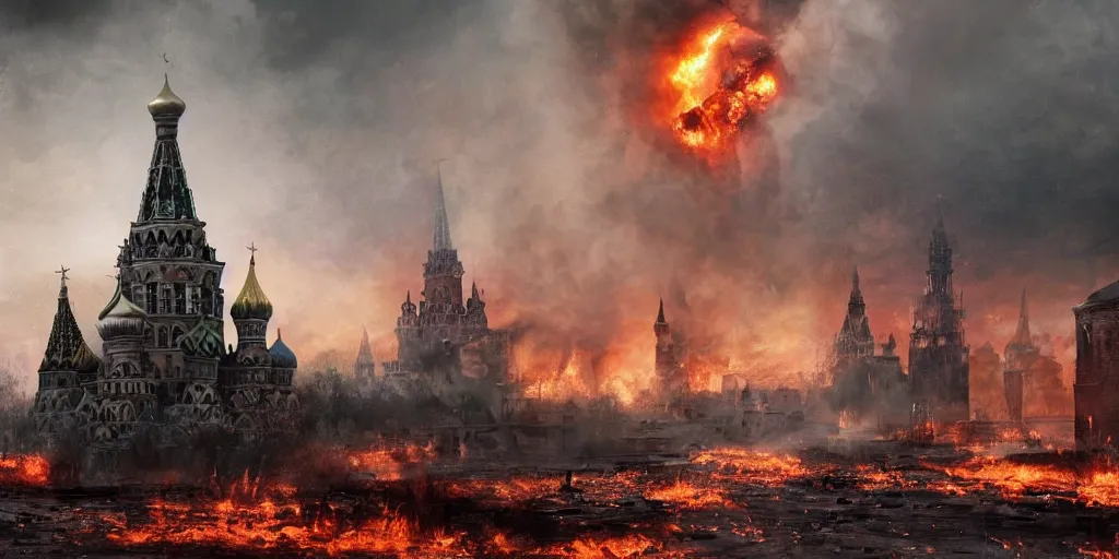 Prompt: A detailed render of a post-apocalyptic scene of fire and explosions on Red Square and the Kremlin, Spasskaya Tower is destroyed, St Basil cathedral is on fire, sci-fi concept art, nuclear mushroom, lots of fire, panic, dark, clouds, 8k, high detail, advanced rendering whimsically designed art, 4k post-processing highly detailed, Soft illumination