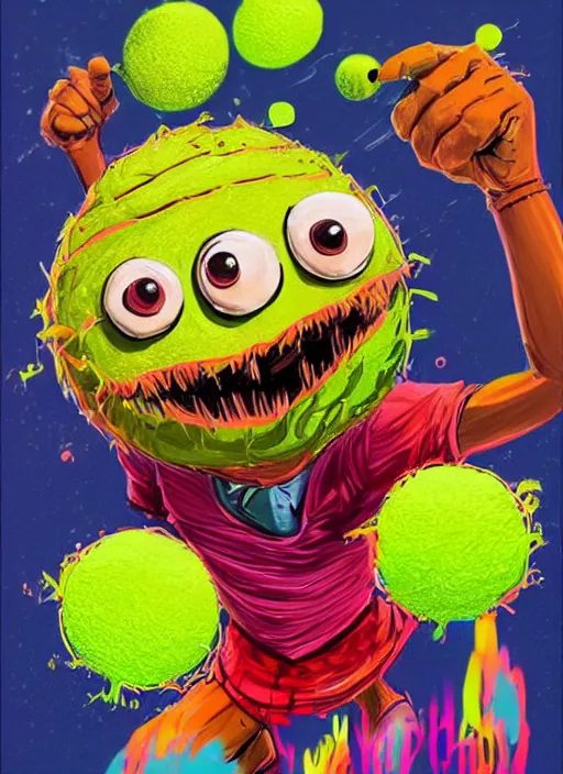 Image similar to good morning pancake and coffee monsters , a tennis ball monster ,tennis ball, colorful, digital art, fantasy, magic, trending on artstation, ultra detailed, professional illustration,chalk, poster artwork by Basil Gogos , clean