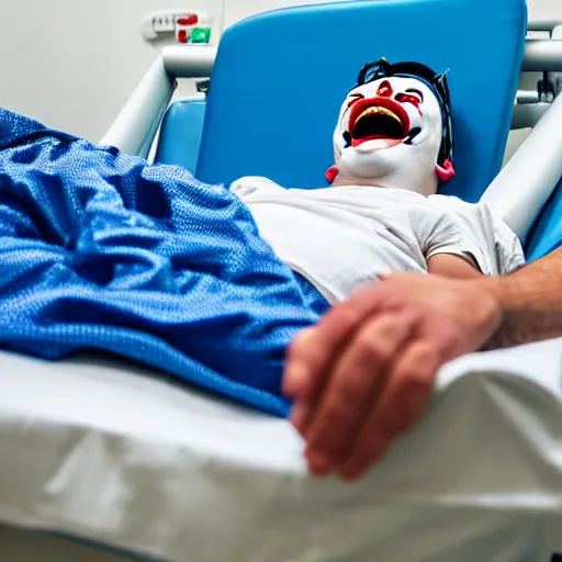 Prompt: laughing clown lying in hospital bed with wrist restraints on, restraint fabric straps attached to hospital bed, photograph, 8 k