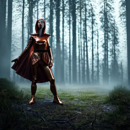 Image similar to highly detailed, ultra realistic, cinematic, woman full body with a copper nose and copper claws, high detail, 8 k, sharp focus, movie still, dramatic lighting, ray tracing, smooth, a female evil demonic character of kazakh mythology, jeztyrnak, standing in the night forrest