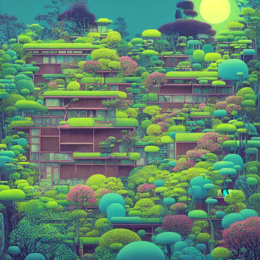 Prompt: garden villa by kenzo tange, white sea cloud, summer morning, very coherent and colorful high contrast, art by! gediminas pranckevicius! geof darrow, pastel color, volumetric lighting, cinematic, floralpunk screen printing woodblock, dark shadows, hard lighting, stippling art