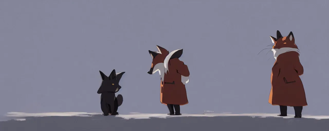 Image similar to a fox wearing a black trench - coat, goro fujita, studio ghibli, rim light, ominous lighting, clear focus, very coherent,