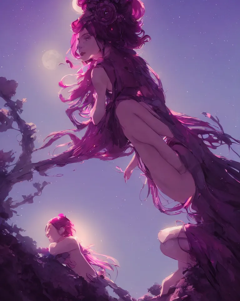 Prompt: A beautiful woman basking in the moonlight, with medium length magenta hair covering an eye, tall tree, large obsidian chunks, cinematic lighting, dramatic atmosphere, by Dustin Nguyen, Akihiko Yoshida, Greg Tocchini, Greg Rutkowski, Cliff Chiang, 4k resolution, trending on artstation