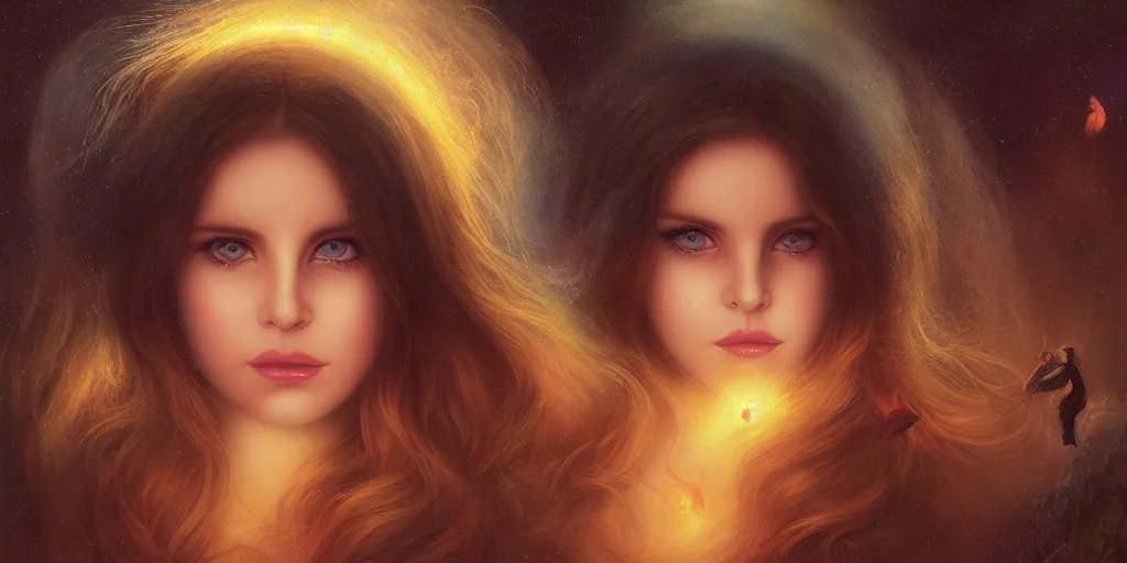 Image similar to big-eyed Lana Del Rey staring into the camera, sundown misty firefly wisps, Lilia Alvarado, Sophie Anderson, Mark Arian, Bob Byerley, Charlie Bowater, Mark Brooks, Steve Henderson, Justin Gerard, Arthur Hughes, Edward Robert Hughes, Mark Keathley, Victor Nizovtsev, Carlos Shwabe, Ross Tran, WLOP