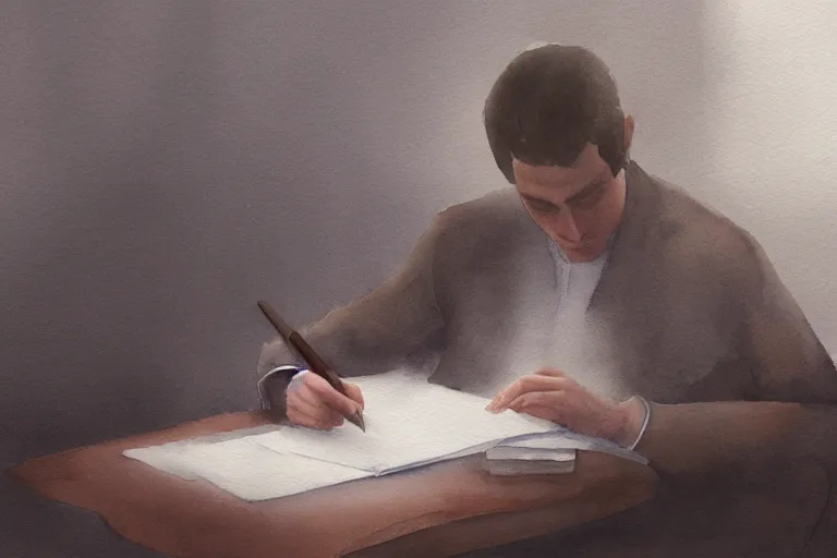 Prompt: a watercolor painting of a man writing in a large leather notebook in a foggy room by jama jurabaev, cinematic shot, trending on artstation, high quality, ultra realistic