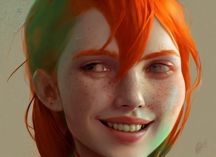 Prompt: portrait of a beautiful smiling girl with orange hair and freckles, green eyes, highly detailed, digital painting, concept art, smooth, sharp, focus, background is purple, artstation, style by Bo Feng Lin