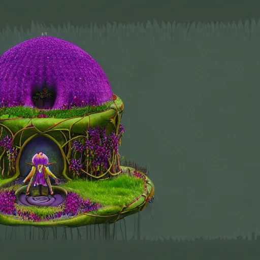 Prompt: A small structure with a dome-shaped roof made from purple vines and some large red flowers with yellow petals at the top, a tall orcish figure stands still inside with its body covered in vines and a large purple crystal at the center, full body render with Vignetting, high-poly count, stylized organic shapes, rendering with Substance Source, detail and texture baked, 8k rendered with Arnold, Vray, Photoshop, ZBrush, Substance Source, Maxwell, Corona and Mental Ray, cinematic lighting and VFX work