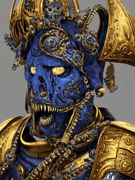 Prompt: portrait art of 8k ultra realistic undead eldritch horror blue space marine king, detailed ornate gold crown, detailed intricate ornate armour,decaying, cybernetic, full of colour, cinematic lighting, battered, trending on artstation, 4k, hyperrealistic, focused, extreme details,unreal engine 5, cinematic, masterpiece, art by ayami kojima, giger