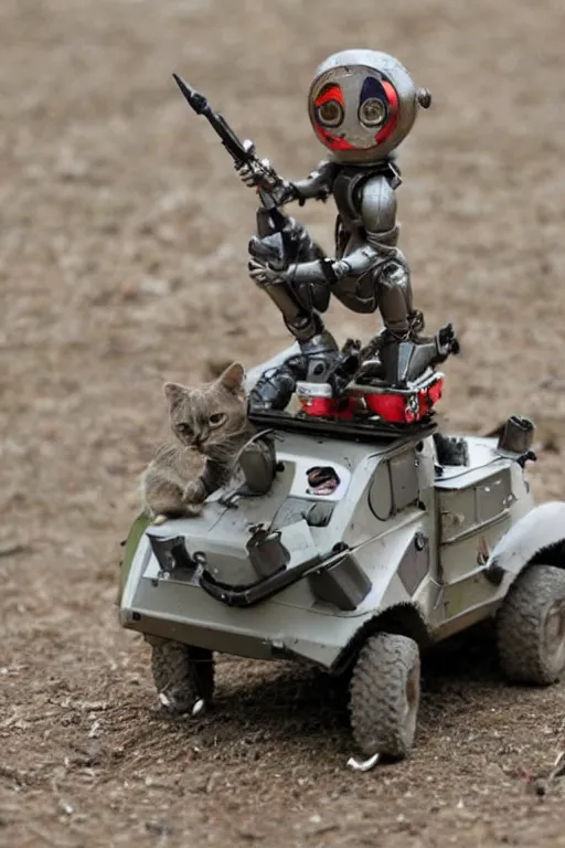 Image similar to tiny humanoid robots riding cats into war.